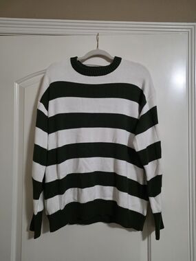Harper Green and White Wide-Stripe Crewneck Sweater